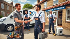 A warm welcome scene of a new domestic gas engineer joining the GHS Group team. The new engineer, wearing a clean uniform with the GHS logo, is greeted by a team leader with a handshake in front of a fully equipped company van. The setting showcases a friendly and professional environment, with smiling colleagues in the background and clear signage for GHS, reflecting the company's family-run and team-oriented culture.