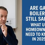 Man looking worried while standing next to a home gas boiler, representing concerns about the future of gas heating in the UK.