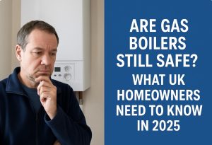 Man looking worried while standing next to a home gas boiler, representing concerns about the future of gas heating in the UK.