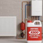 Sentinel X800 Fast Acting Cleaner placed in front of a domestic heating system with boiler, pipes and radiator.