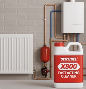 Sentinel X800 Fast Acting Cleaner placed in front of a domestic heating system with boiler, pipes and radiator.